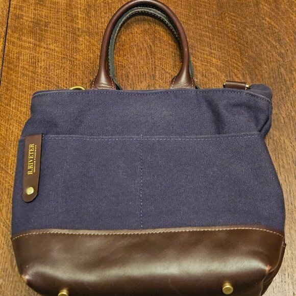 R. Riveter Navy Canvas & Brown Leather handbag. Made in USA - Picture 1 of 7